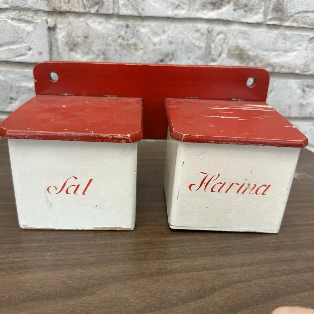 Vintage‎ red & white wall-mounted Wooden kitchen sal & harina containers Holder